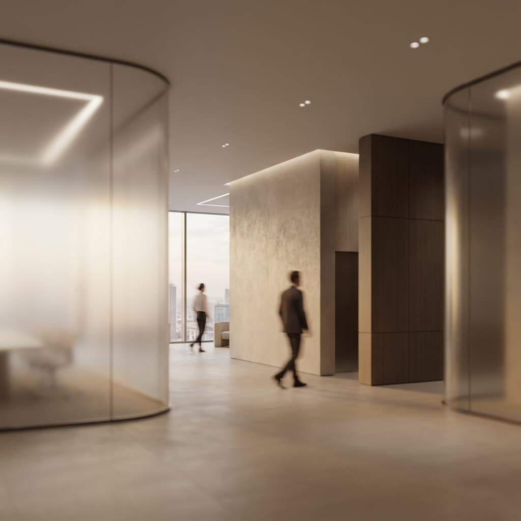 Abstract architectural office background, high-end corporate environment, soft warm beige and brown tones.